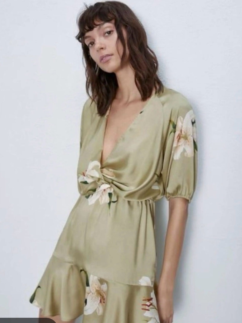 #7 Zara Olive Green Floral Satin Wrap Dress